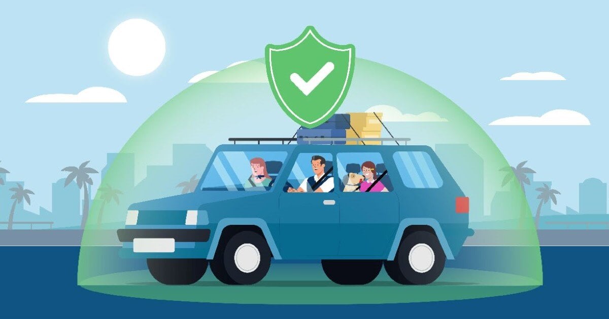 Illustration of a family in a blue car.  A green shield with a checkmark represents insurance.